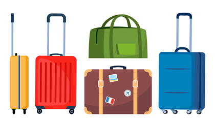 Travel bags, set. Tourist case with stickers. Journey and adventure baggage. Wheeled travel bag with hand. Plastic travel suitcase. Vector illustration.