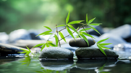 Obraz na płótnie Canvas Zen garden with massage basalt stones and bamboo. Spa background