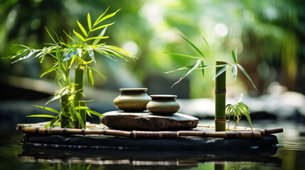 Zen garden with massage basalt stones and bamboo. Spa background - obrazy, fototapety, plakaty