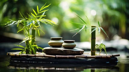Gordijnen Zen garden with massage basalt stones and bamboo. Spa background © vetre