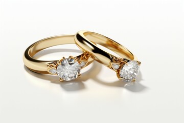 Isolated white background 3D rendering of a pair of elegant gold diamond rings
