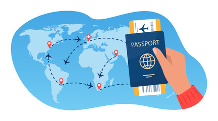 Passport with air ticket in human hand, world travel map with airplanes, flight routes and pins marker. Time to travel concept. International flight. Vector illustration for poster, banner. © Alena