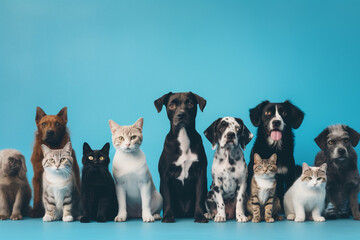 Fototapeta na wymiar Large group of cats and dogs looking at the camera on blue background