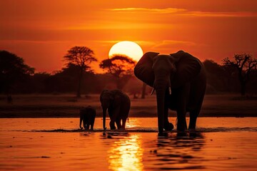 Elephants at sunset in Chobe National Park, Botswana, Africa, Silhouette of elephants at sunset in Chobe National Park, Botswana, Africa, AI Generated
