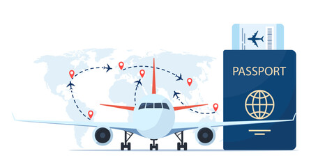 Aircraft, passport with air ticket, world map with flight routes and pins marker. Time to travel concept. Traveling by plane. International flight. Vector illustration for poster, banner.