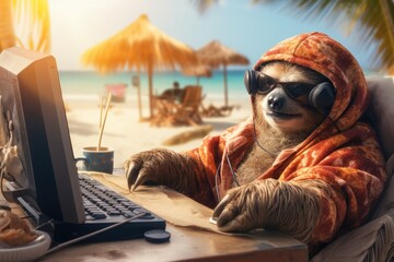 3D render of a sloth working on a laptop at the beach, Sloth freelancer working at tropical beach, AI Generated - obrazy, fototapety, plakaty