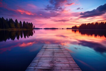 Wooden pier on a lake at sunset. Beautiful summer landscape, Small boat dock and beautiful sunset...