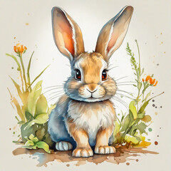 Cute little rabbit cartoon in watercolor painting style.