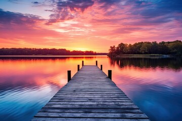 Obraz premium Wooden pier on the lake at sunset. Beautiful summer landscape, Small boat dock and beautiful sunset landscape view with a huge lake, AI Generated