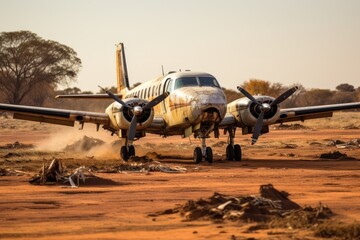 Fototapeta na wymiar Abandoned airplane in the desert of Namibia, Africa, small prop plane, landing on dirt landing strip in Africa, AI Generated