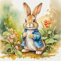 Cute little rabbit cartoon in watercolor painting style.