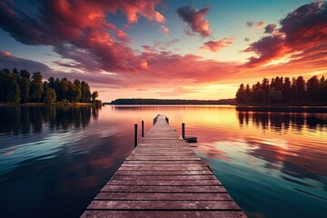 Wooden pier on the lake at sunset. Beautiful summer landscape, Small boat dock and beautiful sunset...