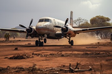 Fototapeta na wymiar Abandoned airplane on the ground in Africa, Kenya, Africa, small prop plane, landing on dirt landing strip in Africa, AI Generated