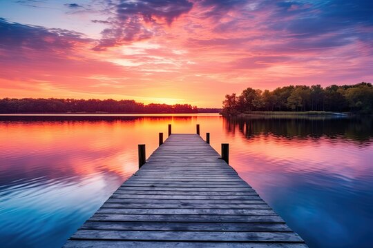 Fototapeta Wooden pier on the lake at sunset. Beautiful summer landscape, Small boat dock and beautiful sunset landscape view with a huge lake, AI Generated