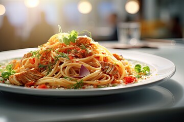 Tasty appetizing classic Italian pasta with a delicious sauce in a restaurant, Spaghetti with fish on a white plate with a blurred background, AI Generated - obrazy, fototapety, plakaty
