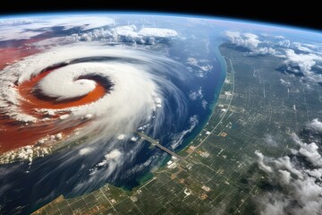 Satellite view of planet Earth from space during a sunny day, space view of the American Ian hurricane in Florida state of United States showing the, AI Generated