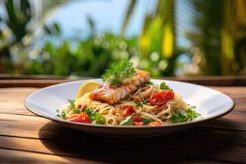 Spaghetti with salmon, tomatoes and parsley on a wooden table, Spaghetti with fish on a white plate...