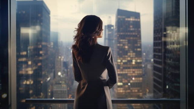 View from behind of a businesswoman looking out from the penthouse