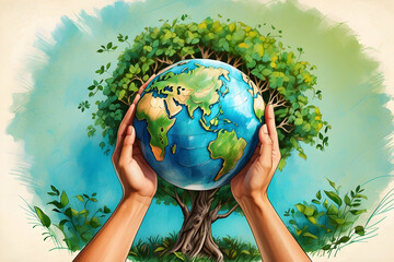Hands protecting globe of green tree on tropical nature summer background, Ecology and Environment concept. Generative AI