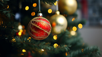 Bright New Year decorations on the Christmas tree, festive background, beautiful card.