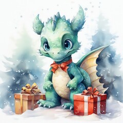 Funny beautiful little New Year's dragon in watercolor style by Generative AI