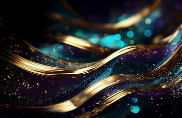 Glitter Golden Emelald Violet Wave Stripes Design. Shiny gold moving lines design element on dark background	