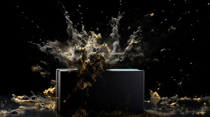 Floor in dark room with Explosion of black powder from black gift box. Background for for sales on Black Friday
