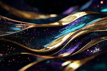 Glitter Golden Emelald Violet Wave Stripes Design. Shiny gold moving lines design element on dark background	
