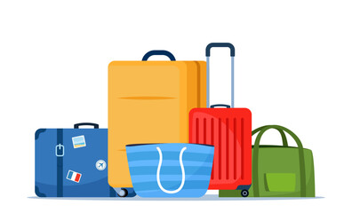 Travel bags composition. Suitcase, backpack, duffel bag. Tourist case, journey and adventure baggage. Retro tourist case with stickers. Wheeled travel bag with hand. Vector illustration.