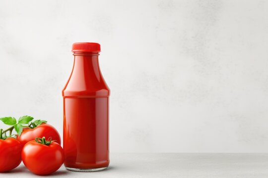 Bottle of ketchup and tomatoes on light grey background