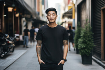 Asian man in a black T-shirt with tattoos in the city