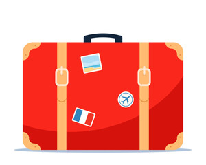 Vintage traveling leather suitcase with stickers. Cabin luggage. Traveling concept. Vector illustration.