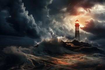 Fototapeta na wymiar Lighthouse at night in a stormy sea with clouds and waves