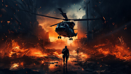 Helicopter and soldier in a warzone - obrazy, fototapety, plakaty
