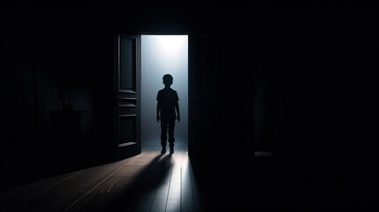 Young boy silhouette in dark room in front of the door from which the light emanates. The concept of social distance - obrazy, fototapety, plakaty