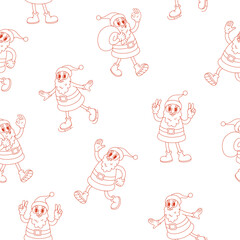 Christmas seamless pattern with retro Santa Claus. Groovy funky vector illustration in line style.