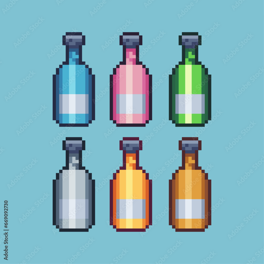 Fototapete pixel art sets of wine bottle with variation color item asset. simple bits of bottle pixelated style