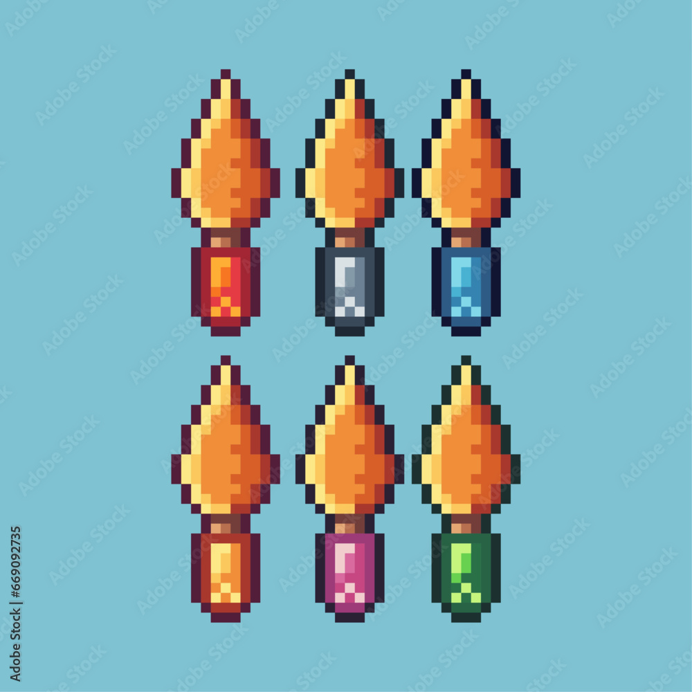 Poster pixel art sets of golden scoop shovel with variation color item asset. simple bits of gold shovel pi