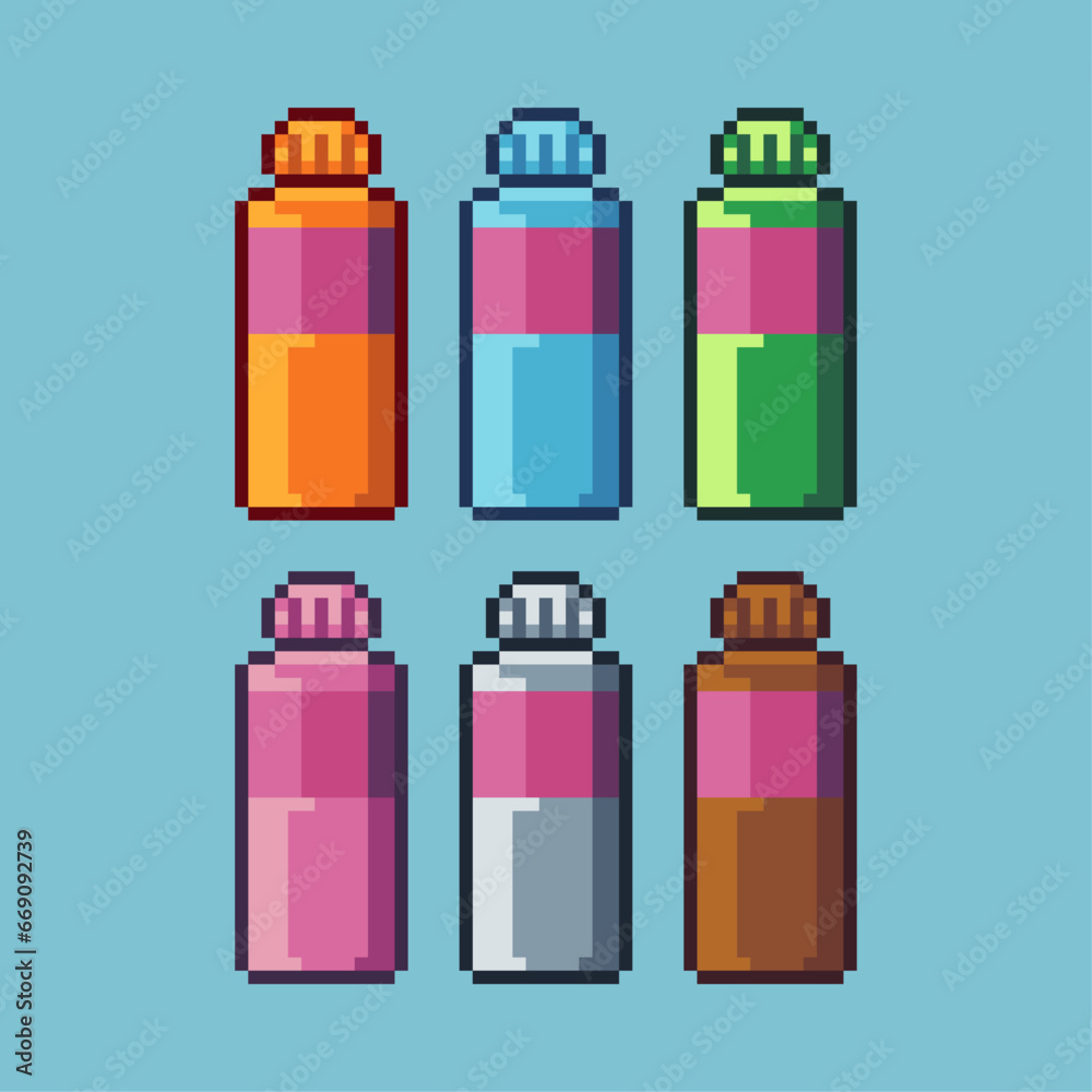 Poster pixel art sets of bottle glass with variation color item asset. simple bits of drink bottle pixelate
