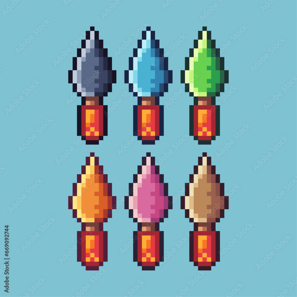 Poster pixel art sets of gardening scoop shovel with variation color item asset. simple bits of shovel pixe