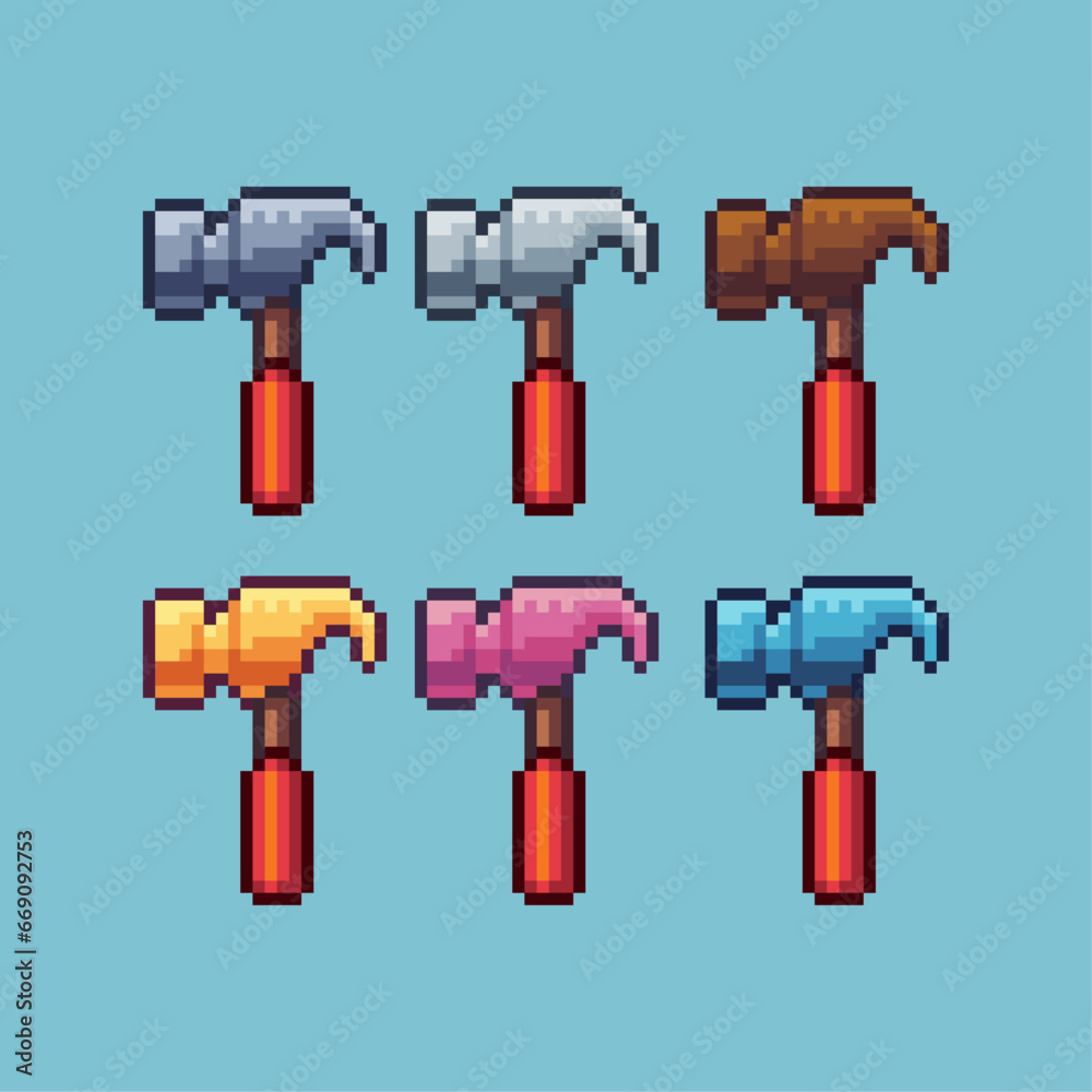 Fototapete pixel art sets of hammer tools with variation color item asset. simple bits of hammer pixelated styl