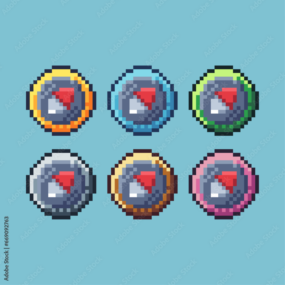 Poster pixel art sets of compass direction with variation color item asset. simple bits of compass pixelate