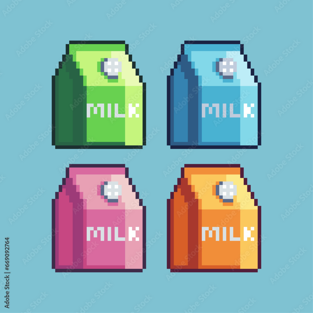 Poster pixel art sets of milk with variation color item asset. simple bits of milk box pixelated style. 8bi