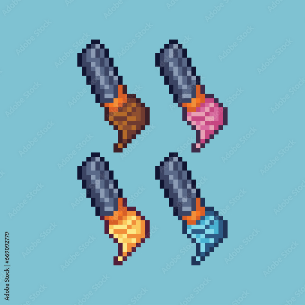 Poster pixel art sets of draw brush with variation color item asset. simple bits of brush pixelated style. 