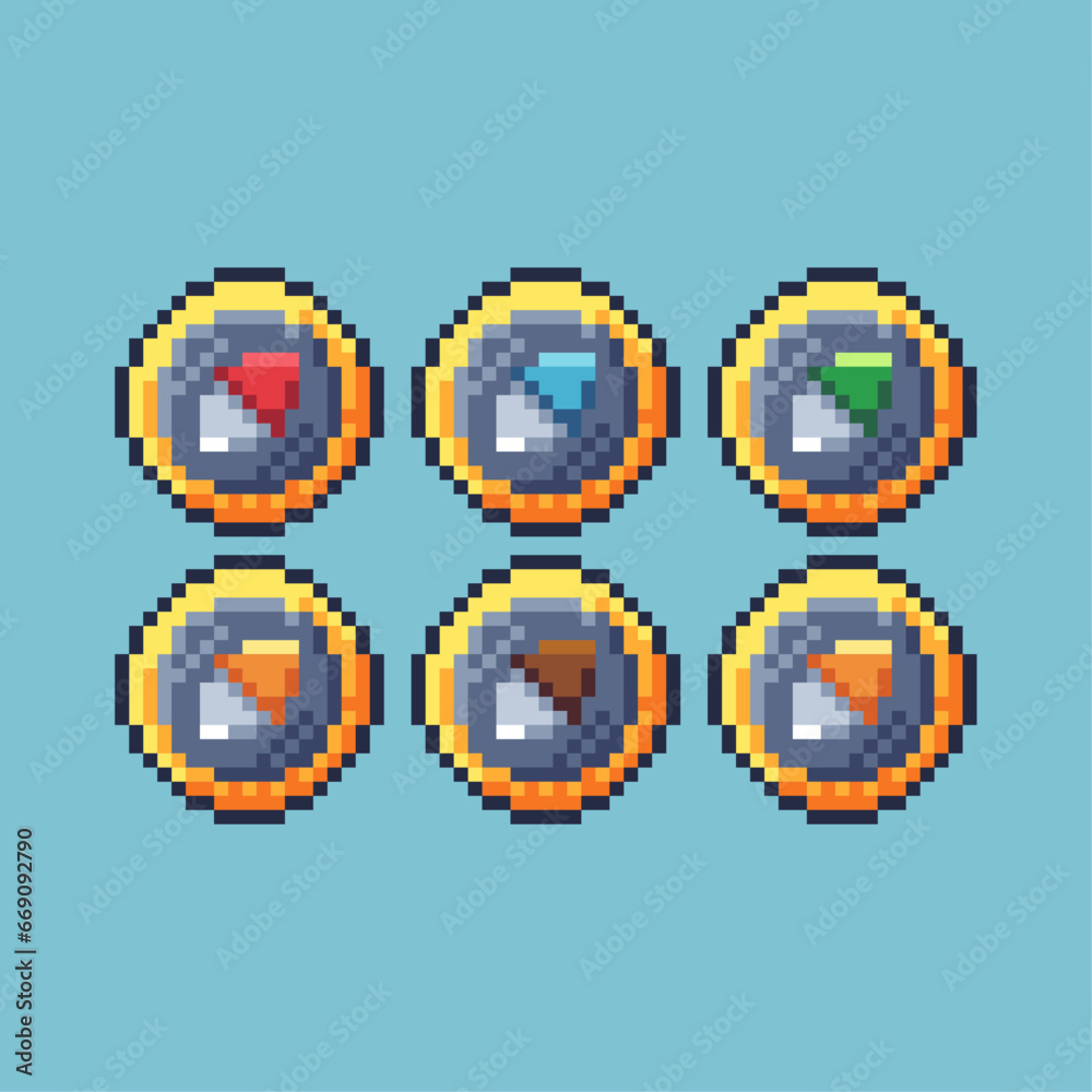 Poster pixel art sets of gold compass direction with variation color item asset. simple bits of compass pix
