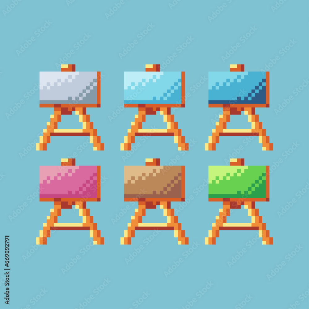 Poster pixel art sets of painting with variation color item asset. simple bits of painting draw pixelated s