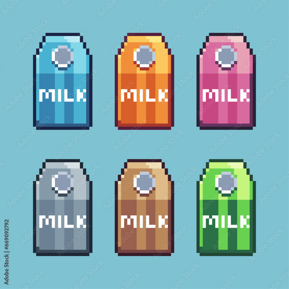 Poster pixel art sets of milk with variation color item asset. simple bits of milk box pixelated style. 8bi