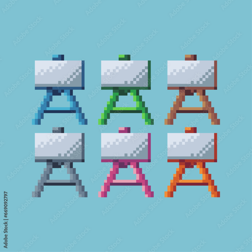 Poster pixel art sets of painting with variation color item asset. simple bits of painting draw pixelated s