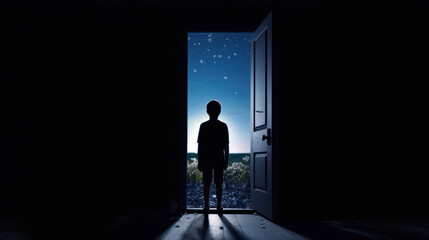 Fototapeta na wymiar Young boy silhouette in dark room in front of the door from which the light emanates. The concept of social distance