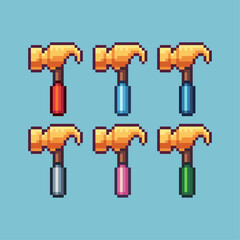 Pixel art sets of gold hammer tools with variation color item asset. Simple bits of golden hammer pixelated style. 8bits perfect for game asset or design asset element for your game design asset.